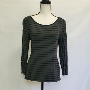 Cable & Gauge Button Slit Long Sleeve Striped Round Neck Top